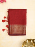 Chanderi fancy saree red color allover plain & zari border with zari pallu and running blouse