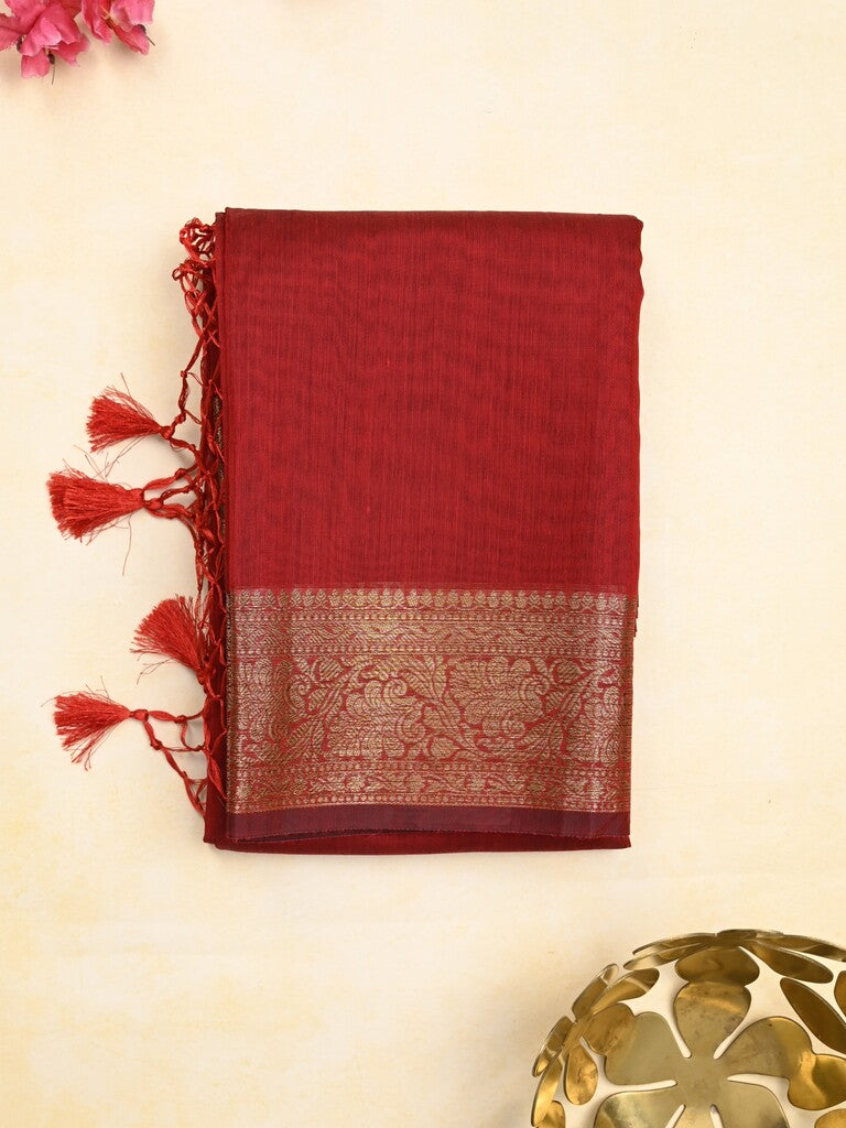 Chanderi fancy saree red color allover plain & zari border with zari pallu and running blouse