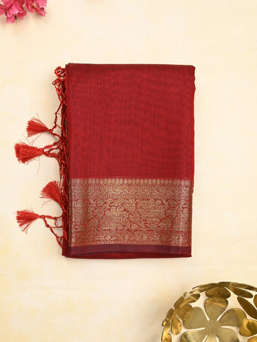Chanderi fancy saree red color allover plain & zari border with zari pallu and running blouse