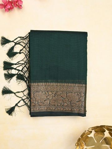Chanderi fancy saree bottle green color allover plain & zari border with zari pallu and running blouse