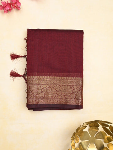 Chanderi fancy saree maroon color allover plain & zari border with zari pallu and running blouse