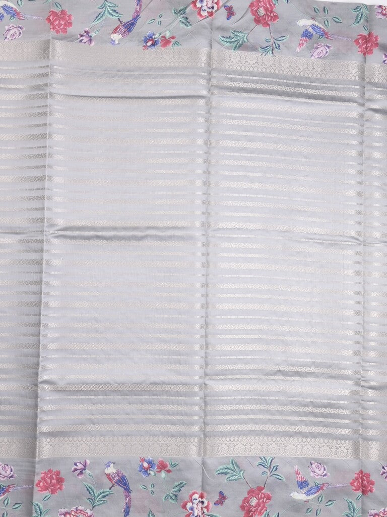 Dupion fancy saree grey color allover stripes & printed border with printed pallu and printed blouse