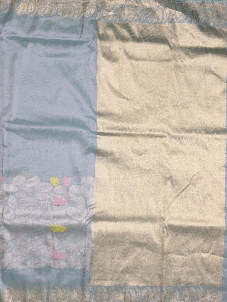 Organza crush fancy saree bluish grey color allover plain & zari border with zari pallu and plain blouse