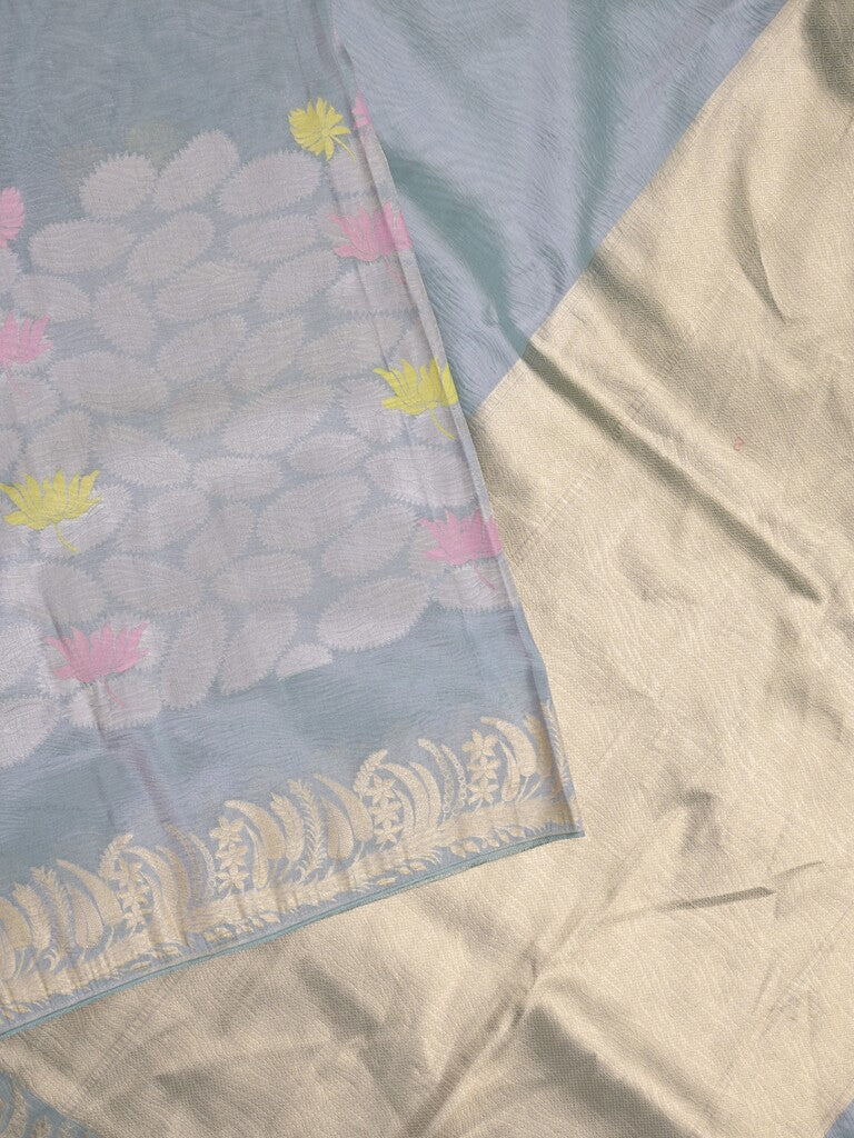 Organza crush fancy saree bluish grey color allover plain & zari border with zari pallu and plain blouse