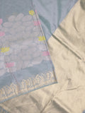 Organza crush fancy saree bluish grey color allover plain & zari border with zari pallu and plain blouse