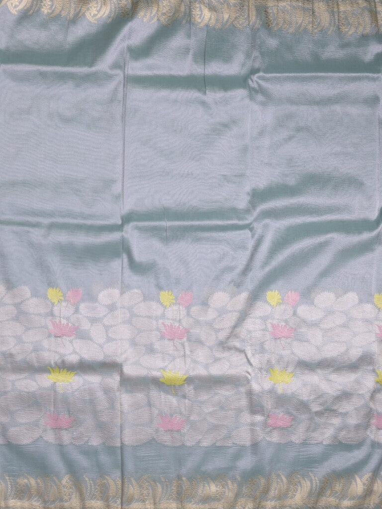 Organza crush fancy saree bluish grey color allover plain & zari border with zari pallu and plain blouse