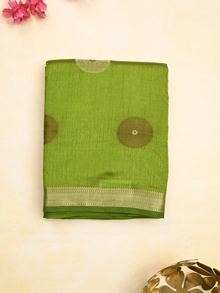Dupion fancy saree parrot green color allover motifs & zari border with zari pallu and brocade blouse