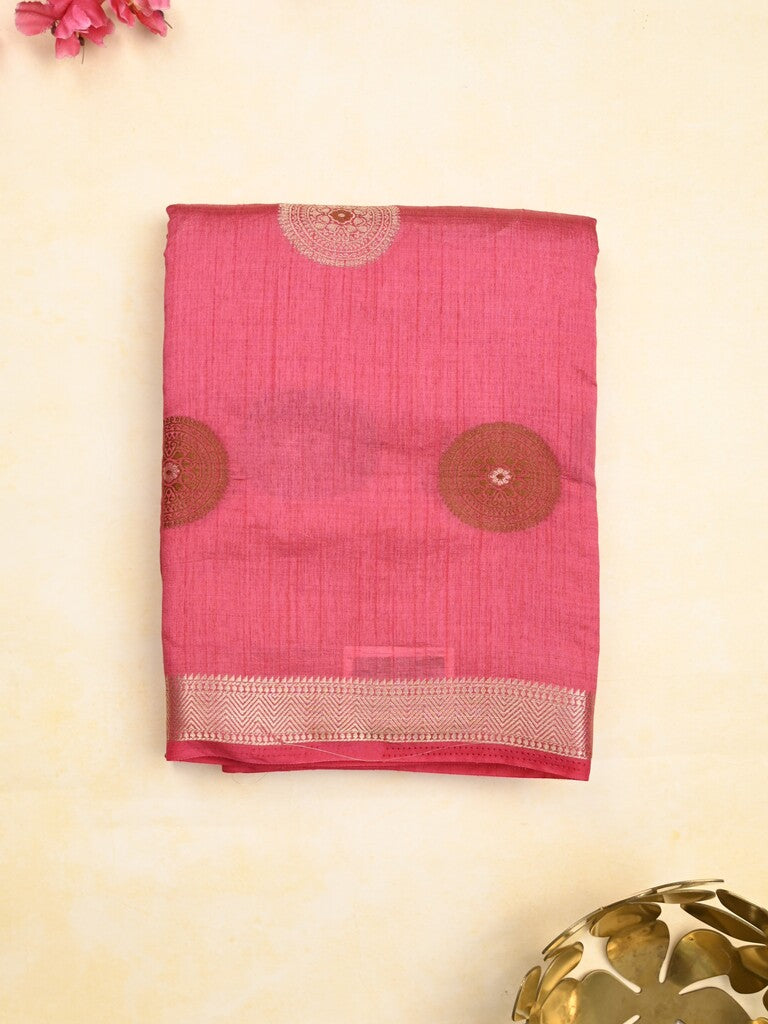 Dupion fancy saree pink color allover motifs & zari border with zari pallu and brocade blouse