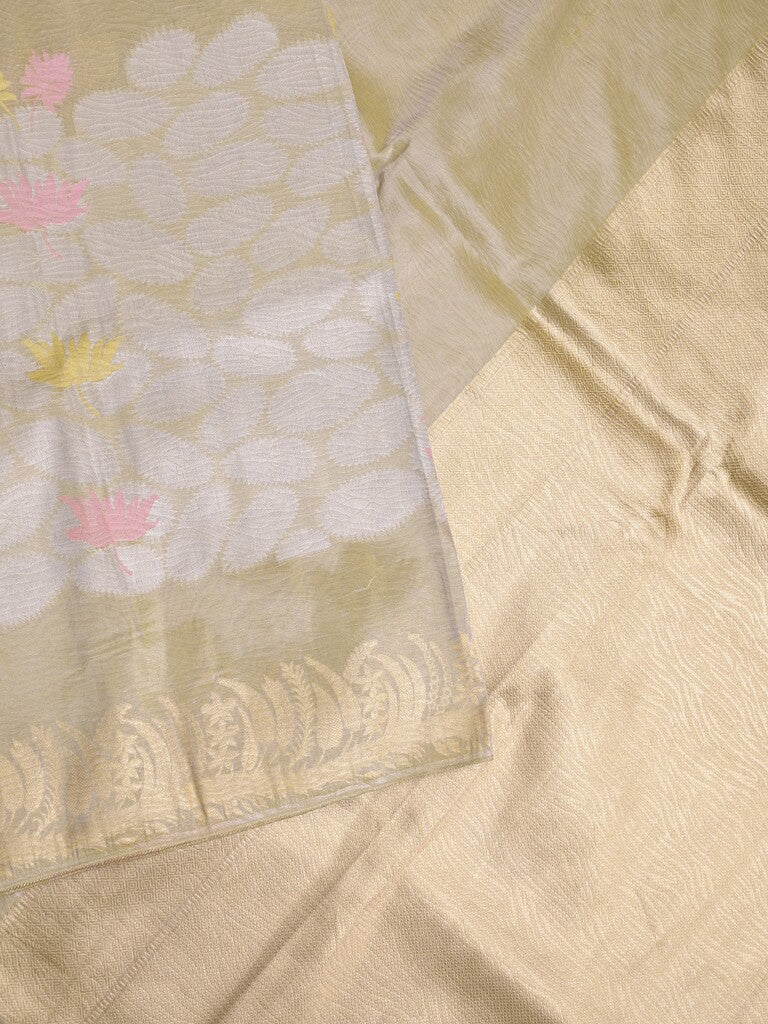 Organza crush fancy saree beige color allover plain & zari border with zari pallu and plain blouse