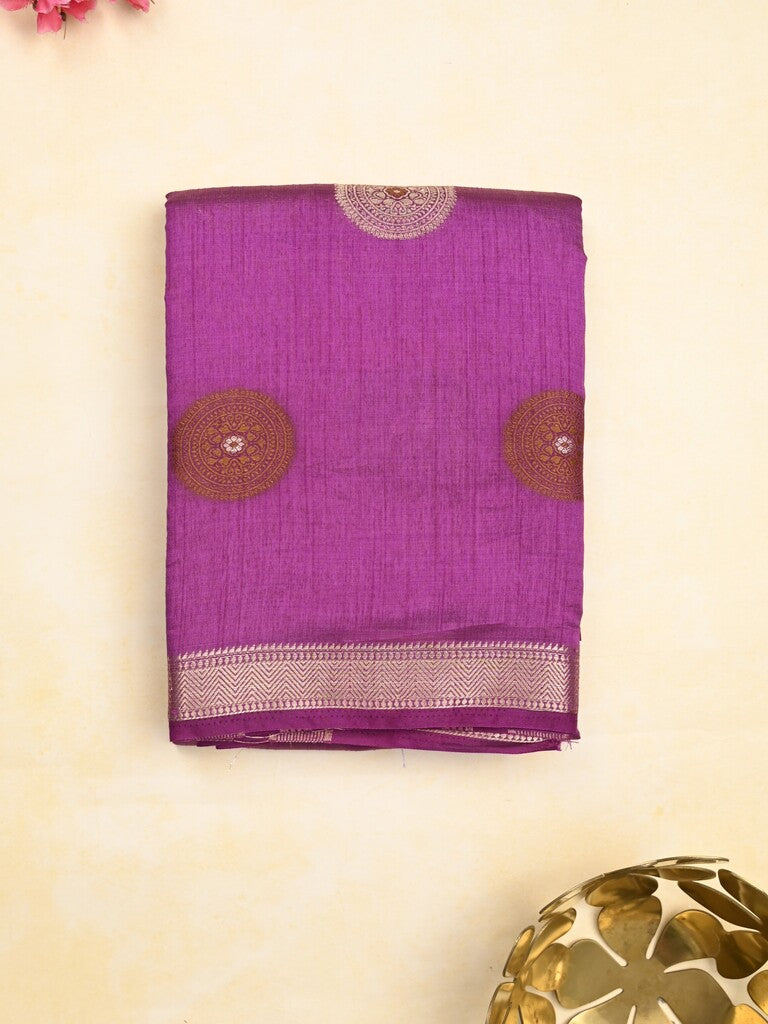 Dupion fancy saree purple color allover motifs & zari border with zari pallu and brocade blouse