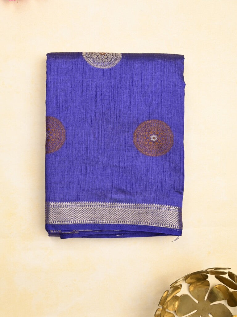Dupion fancy saree royal blue color allover motifs & zari border with zari pallu and brocade blouse