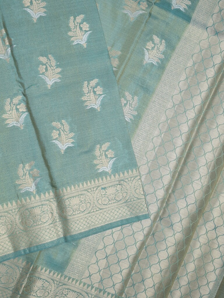 Kora tissue fancy saree light blue color allover zari motifs & zari border with brocade pallu and brocade blouse