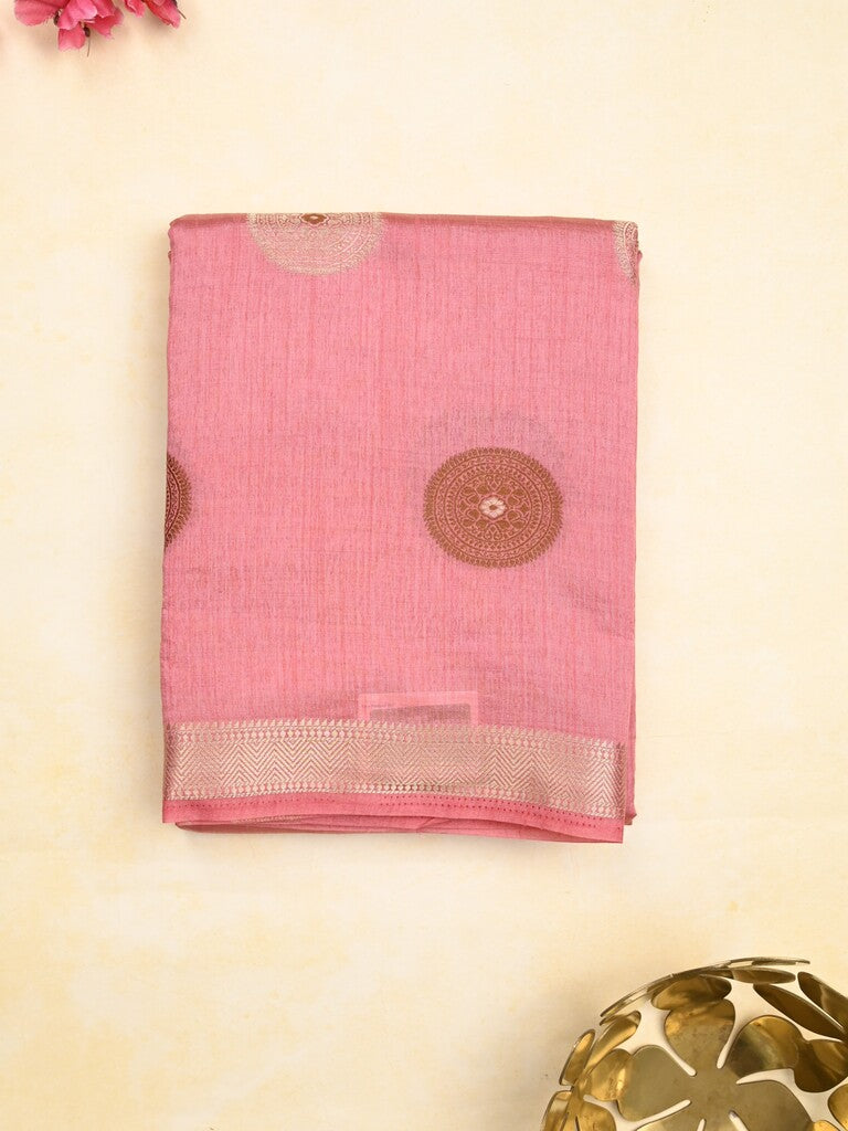 Dupion fancy saree baby pink color allover motifs & zari border with zari pallu and brocade blouse