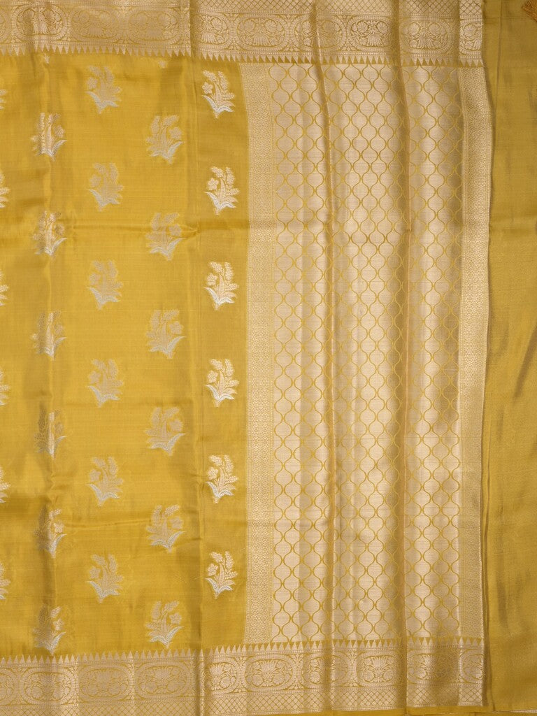Kora tissue fancy saree golden yellow color allover zari motifs & zari border with brocade pallu and brocade blouse