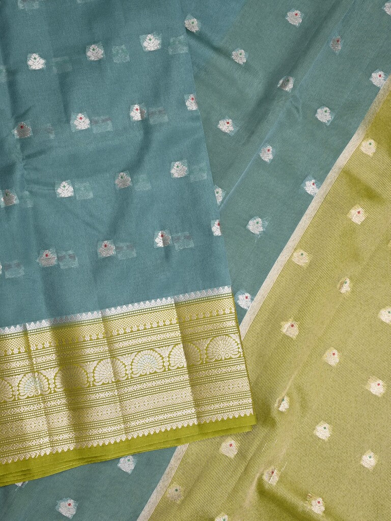 Green mango fancy saree peacock blue color allover zari motifs & zari border with contrast pallu and contrast blouse
