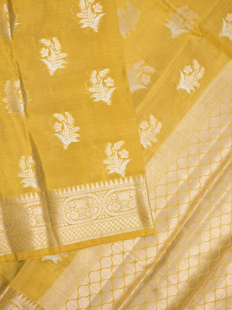 Kora tissue fancy saree golden yellow color allover zari motifs & zari border with brocade pallu and brocade blouse