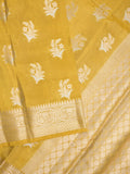 Kora tissue fancy saree golden yellow color allover zari motifs & zari border with brocade pallu and brocade blouse