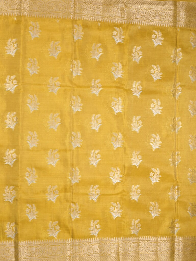 Kora tissue fancy saree golden yellow color allover zari motifs & zari border with brocade pallu and brocade blouse