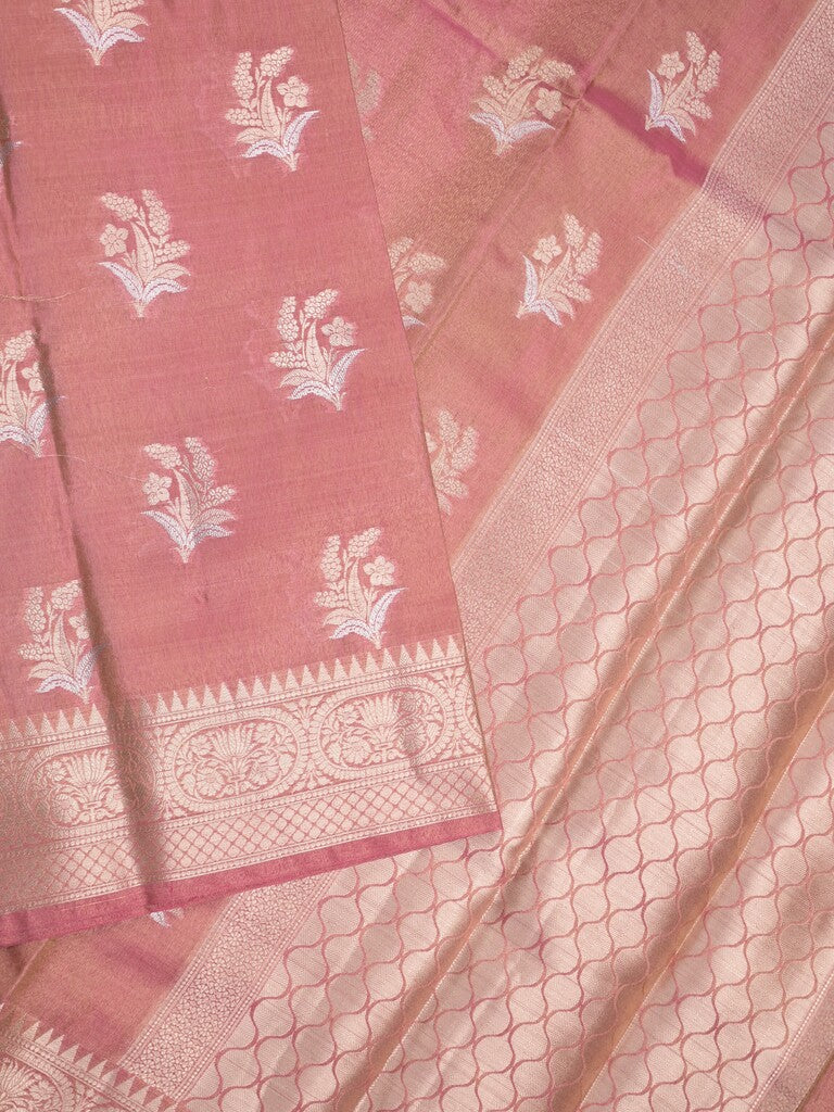 Kora tissue fancy saree baby pink color allover zari motifs & zari border with brocade pallu and brocade blouse