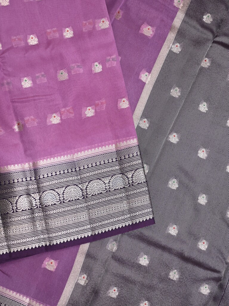 Green mango fancy saree dark purple color allover zari motifs & zari border with contrast pallu and contrast blouse