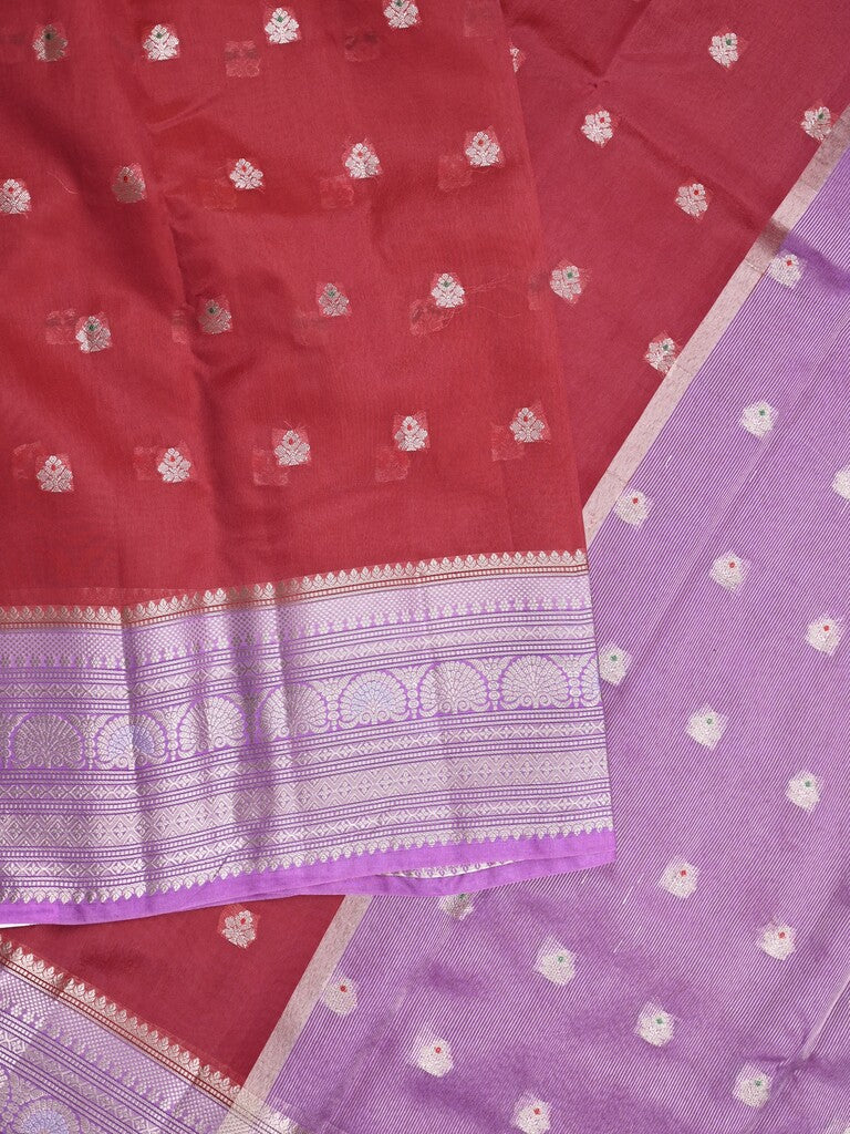 Green mango fancy saree red color allover zari motifs & zari border with contrast pallu and contrast blouse