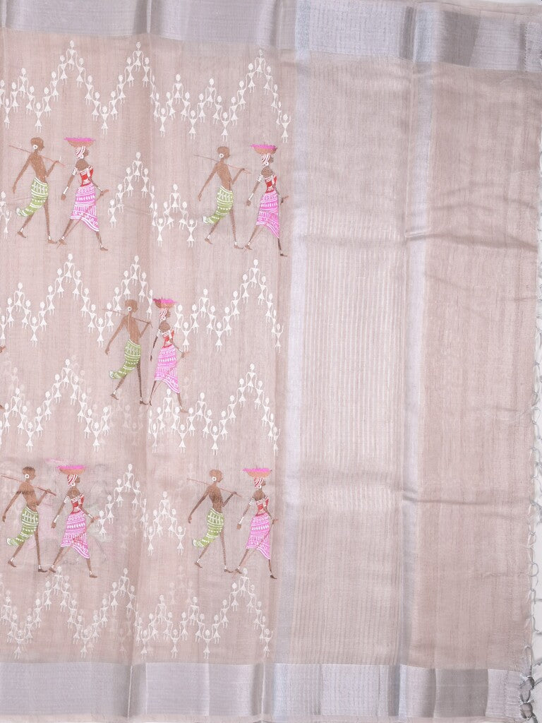 Chanderi tissue fancy saree light peach color allover embroidery & zari border with short pallu and plain blouse