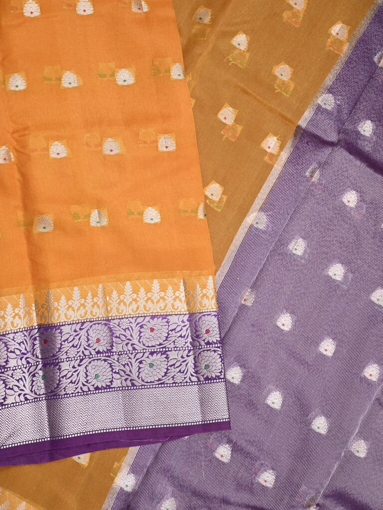 Green mango fancy saree orange color allover zari motifs & zari border with contrast pallu and contrast blouse