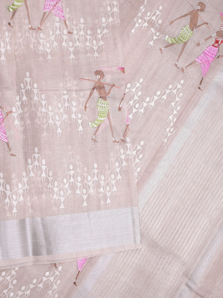 Chanderi tissue fancy saree light peach color allover embroidery & zari border with short pallu and plain blouse