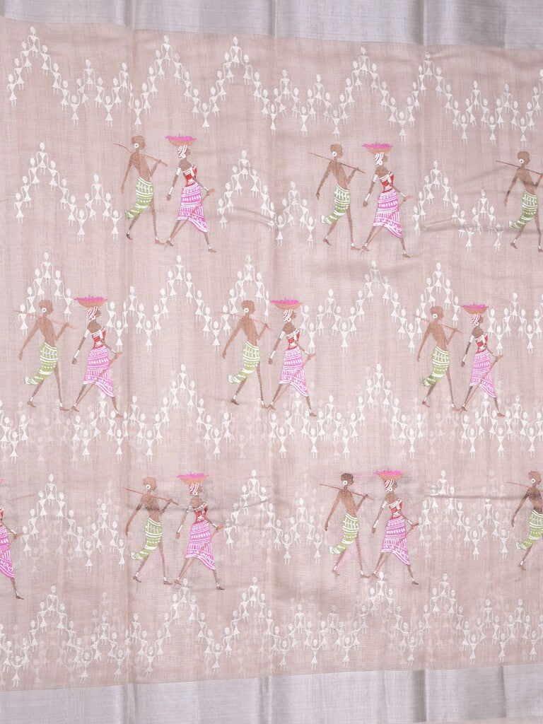 Chanderi tissue fancy saree light peach color allover embroidery & zari border with short pallu and plain blouse