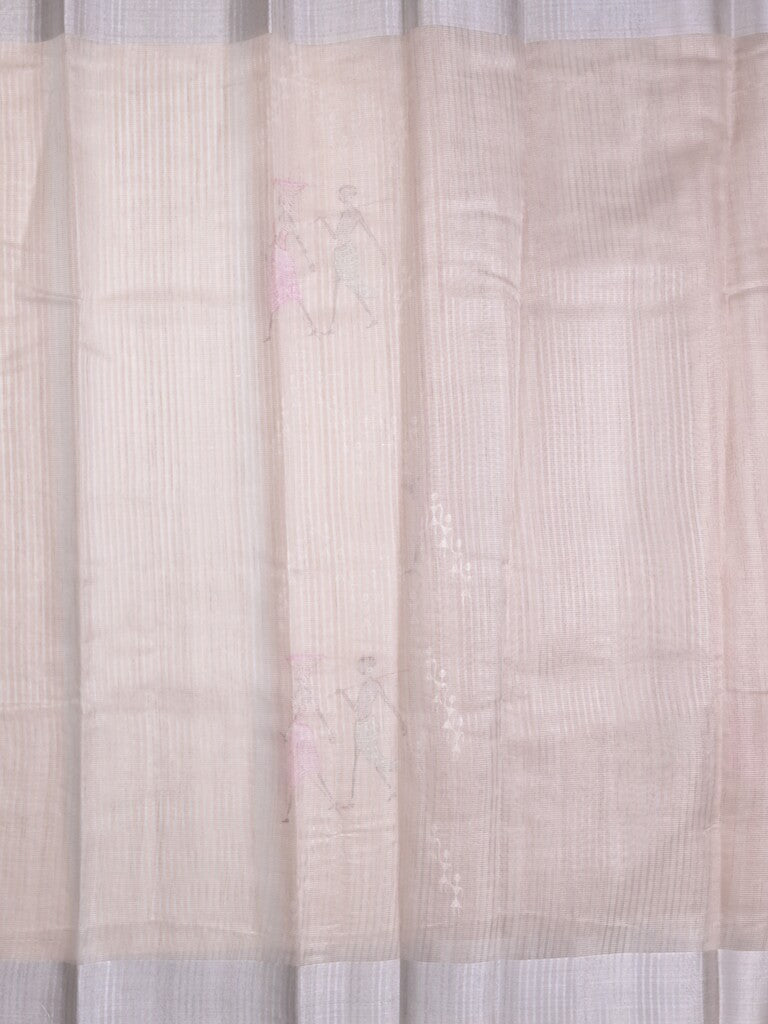 Chanderi tissue fancy saree light peach color allover embroidery & zari border with short pallu and plain blouse
