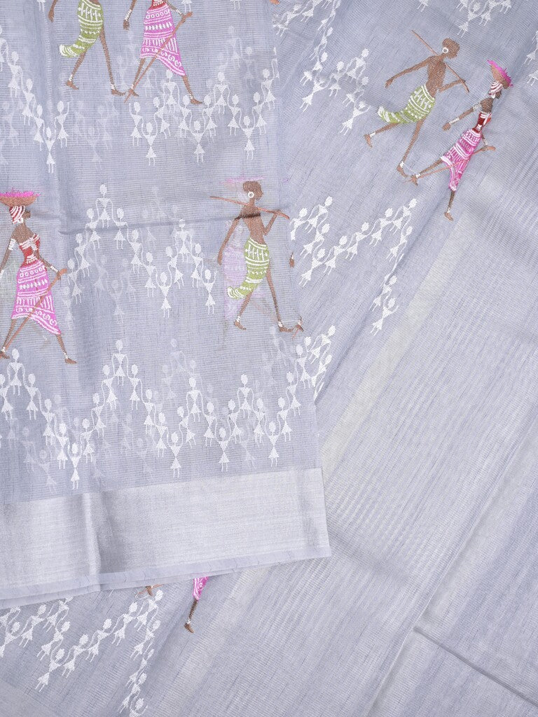 Chanderi tissue fancy saree pastel blue color allover embroidery & zari border with short pallu and plain blouse