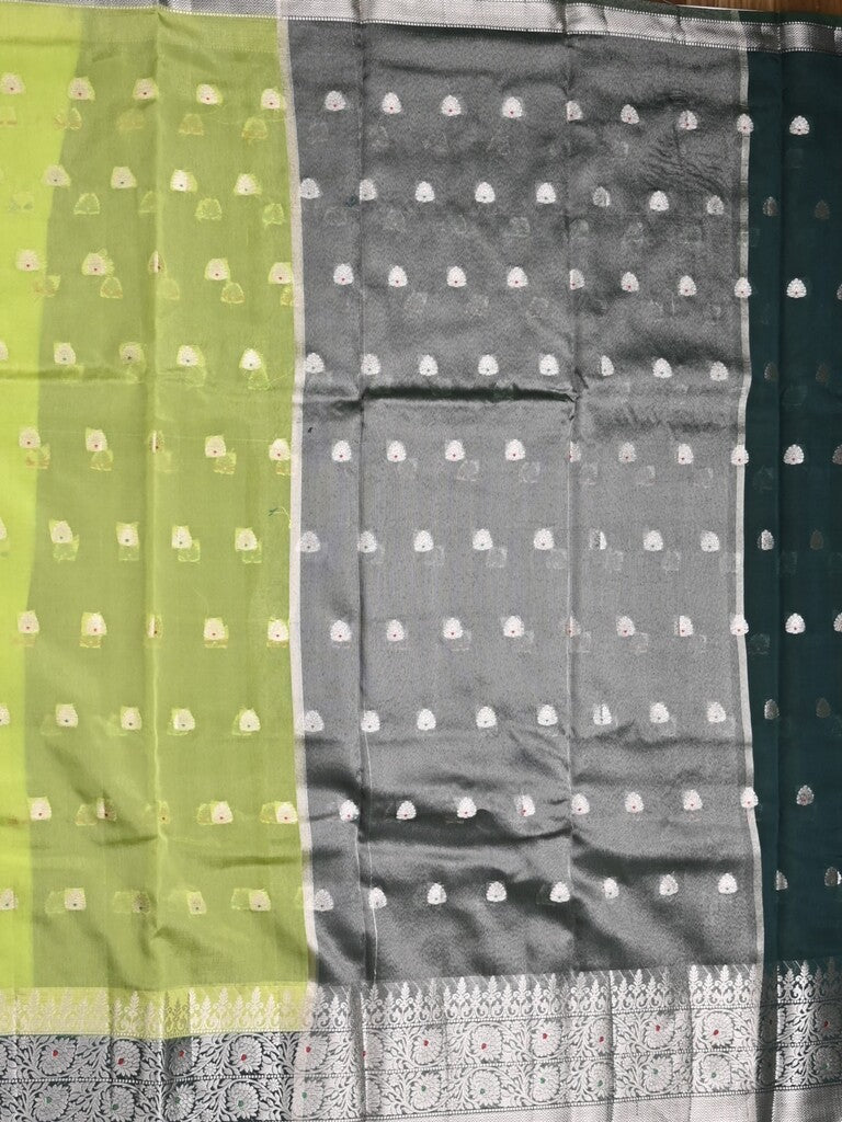 Green mango fancy saree parrot green color allover zari motifs & zari border with contrast pallu and contrast blouse