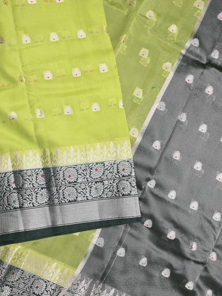 Green mango fancy saree parrot green color allover zari motifs & zari border with contrast pallu and contrast blouse