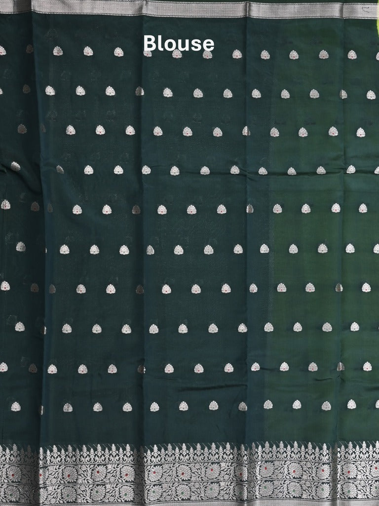 Green mango fancy saree parrot green color allover zari motifs & zari border with contrast pallu and contrast blouse