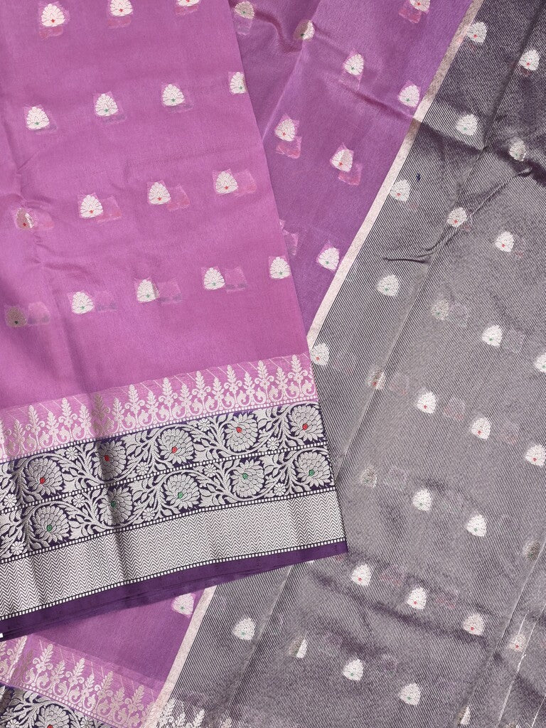 Green mango fancy saree dark purple color allover zari motifs & zari border with contrast pallu and contrast blouse