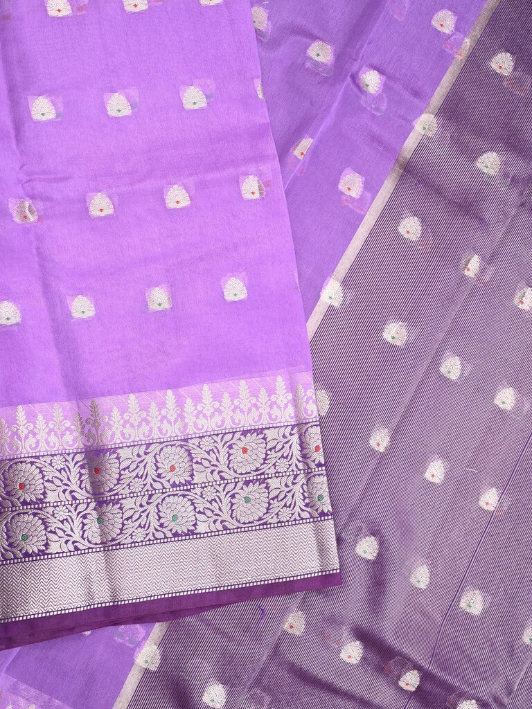 Green mango fancy saree lavender color allover zari motifs & zari border with contrast pallu and contrast blouse
