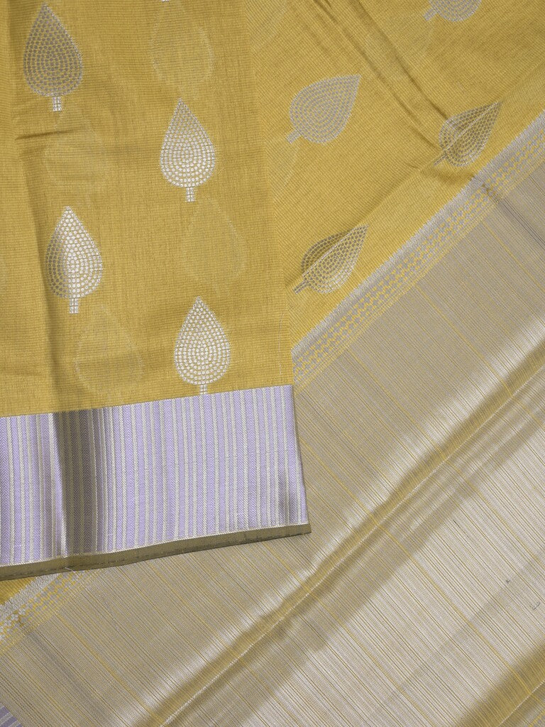 Chanderi fancy saree golden yellow color allover zari motifs & zari border with short pallu and attached blouse
