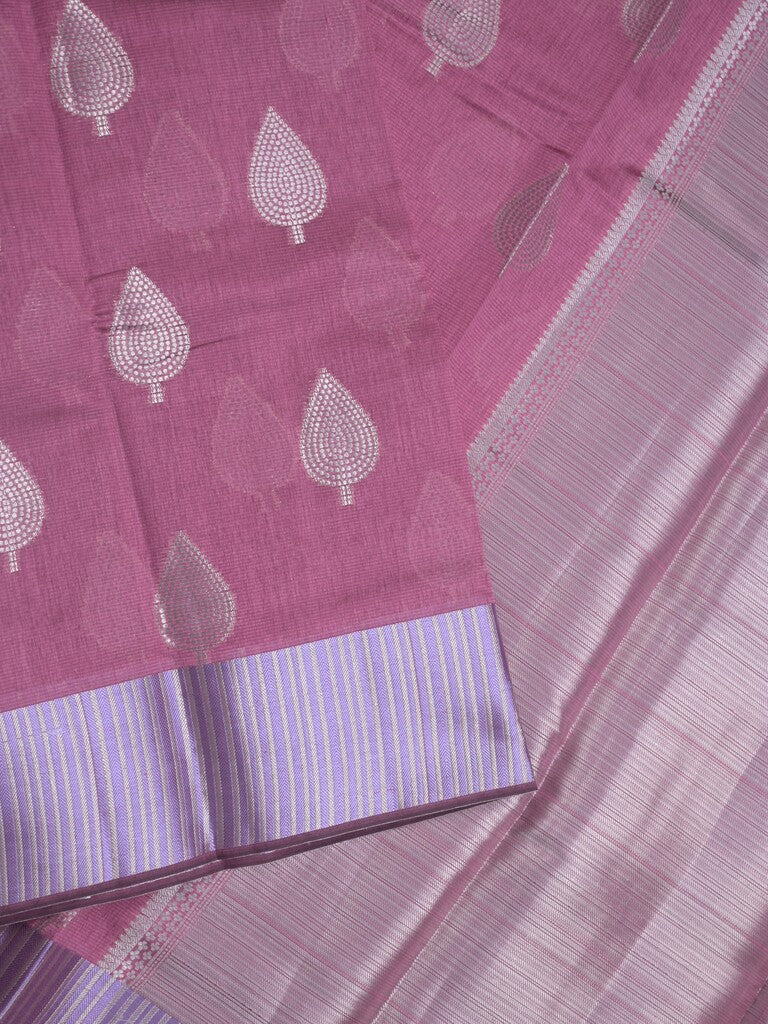 Chanderi fancy saree rose pink color allover zari motifs & zari border with short pallu and attached blouse