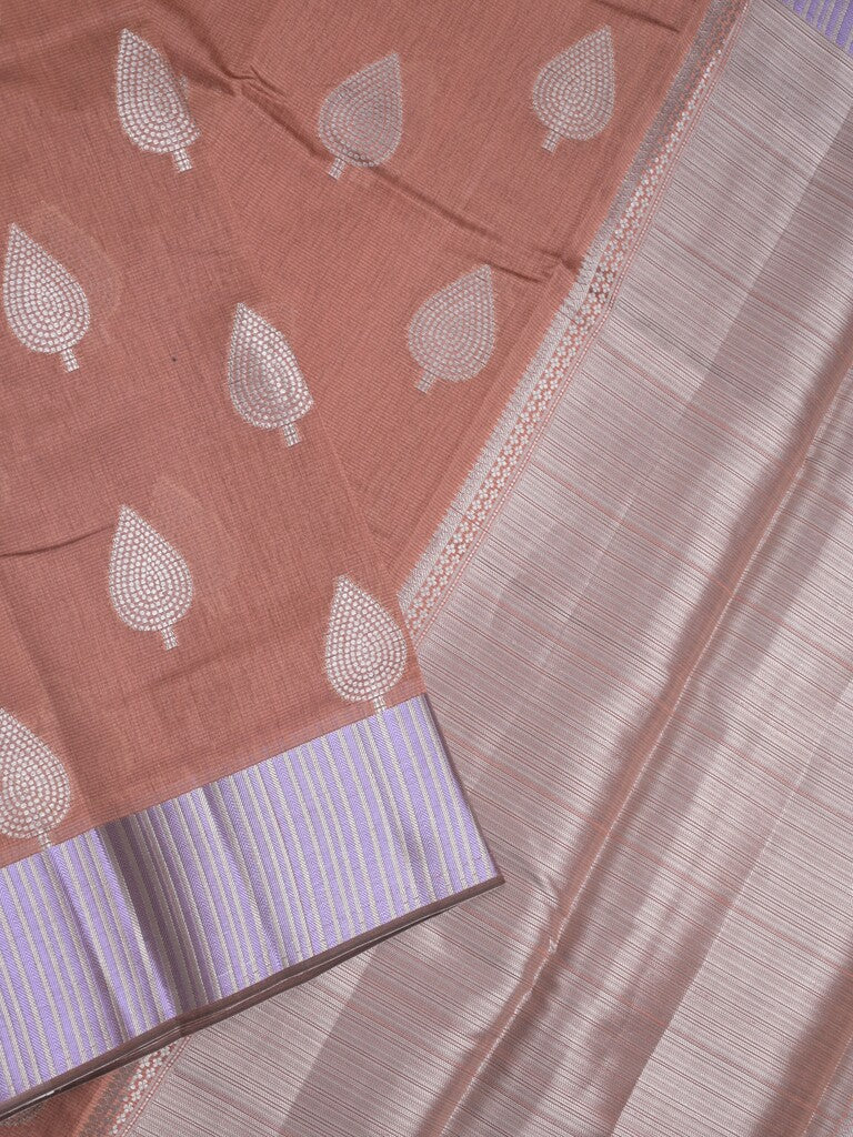 Chanderi fancy saree peach color allover zari motifs & zari border with short pallu and attached blouse