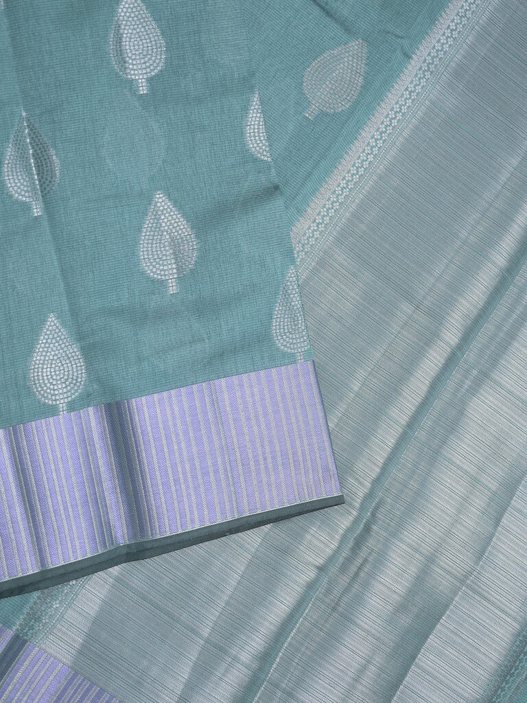 Chanderi fancy saree sky blue color allover zari motifs & zari border with short pallu and attached blouse
