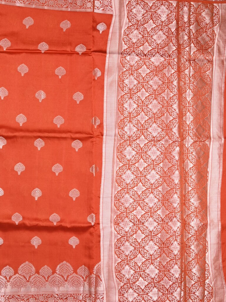 Dupion fancy saree orange color allover zari butis & zari border with zari pallu and contrast blouse