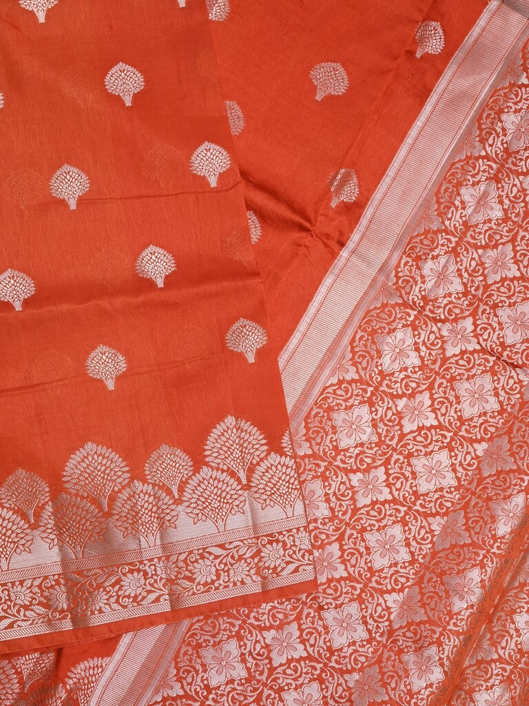 Dupion fancy saree orange color allover zari butis & zari border with zari pallu and contrast blouse