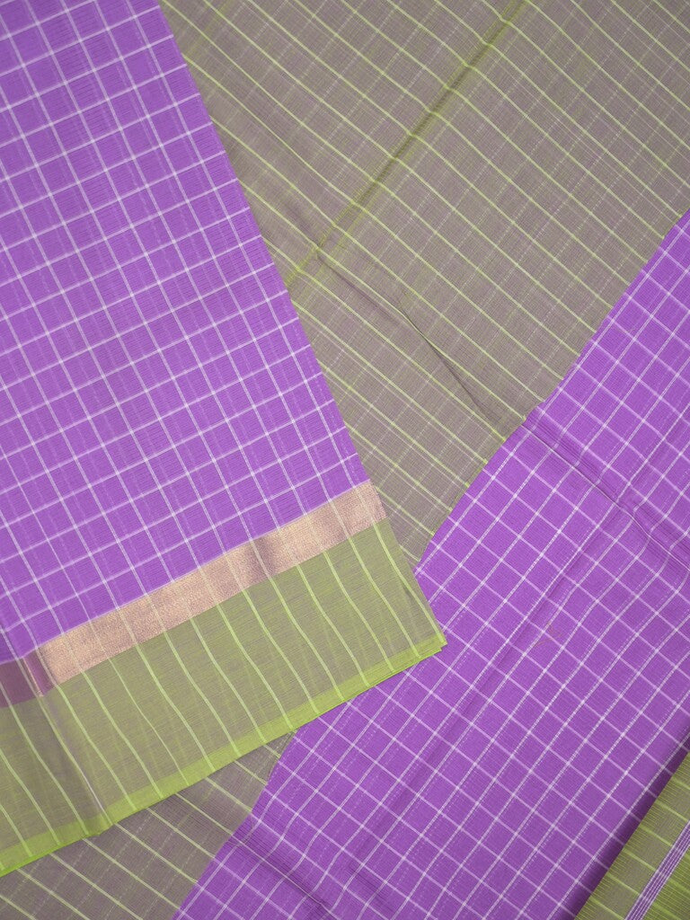 Village cotton saree lavender color allover checks & kaddi border with contrast pallu and contrast blouse