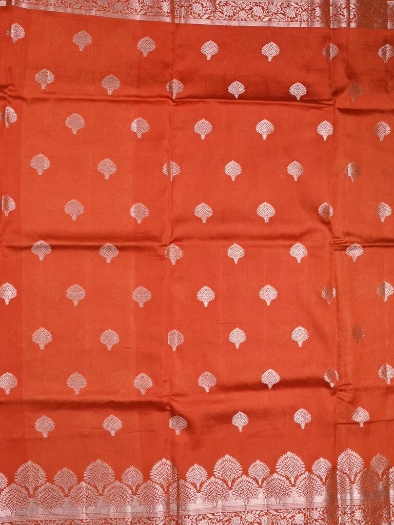Dupion fancy saree orange color allover zari butis & zari border with zari pallu and contrast blouse