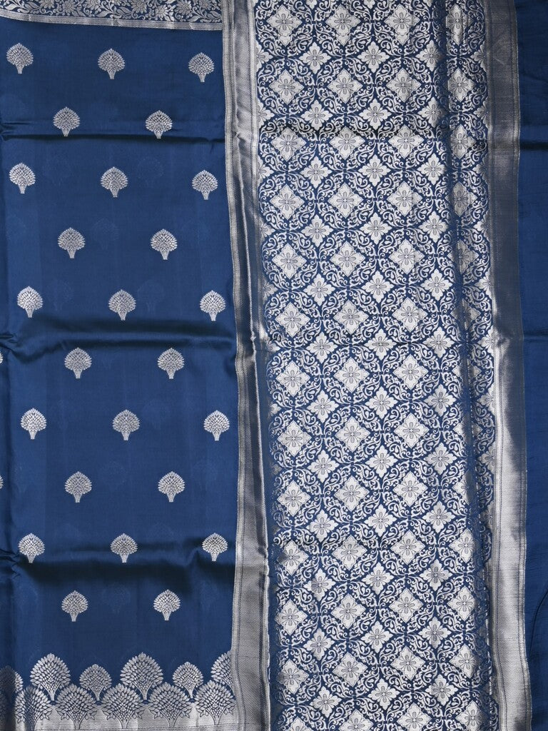 Dupion fancy saree navy blue color allover zari butis & zari border with zari pallu and contrast blouse