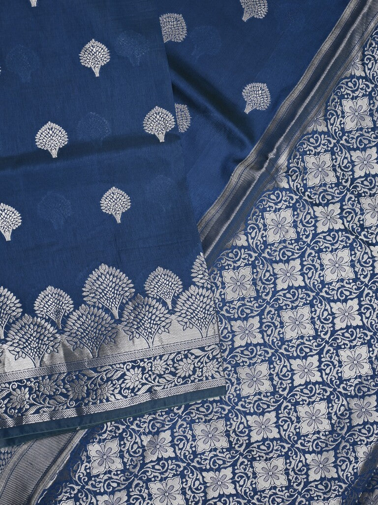 Dupion fancy saree navy blue color allover zari butis & zari border with zari pallu and contrast blouse