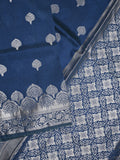 Dupion fancy saree navy blue color allover zari butis & zari border with zari pallu and contrast blouse