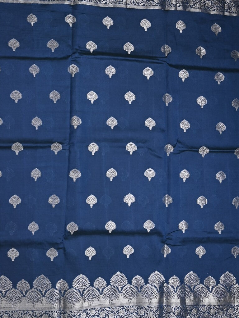 Dupion fancy saree navy blue color allover zari butis & zari border with zari pallu and contrast blouse