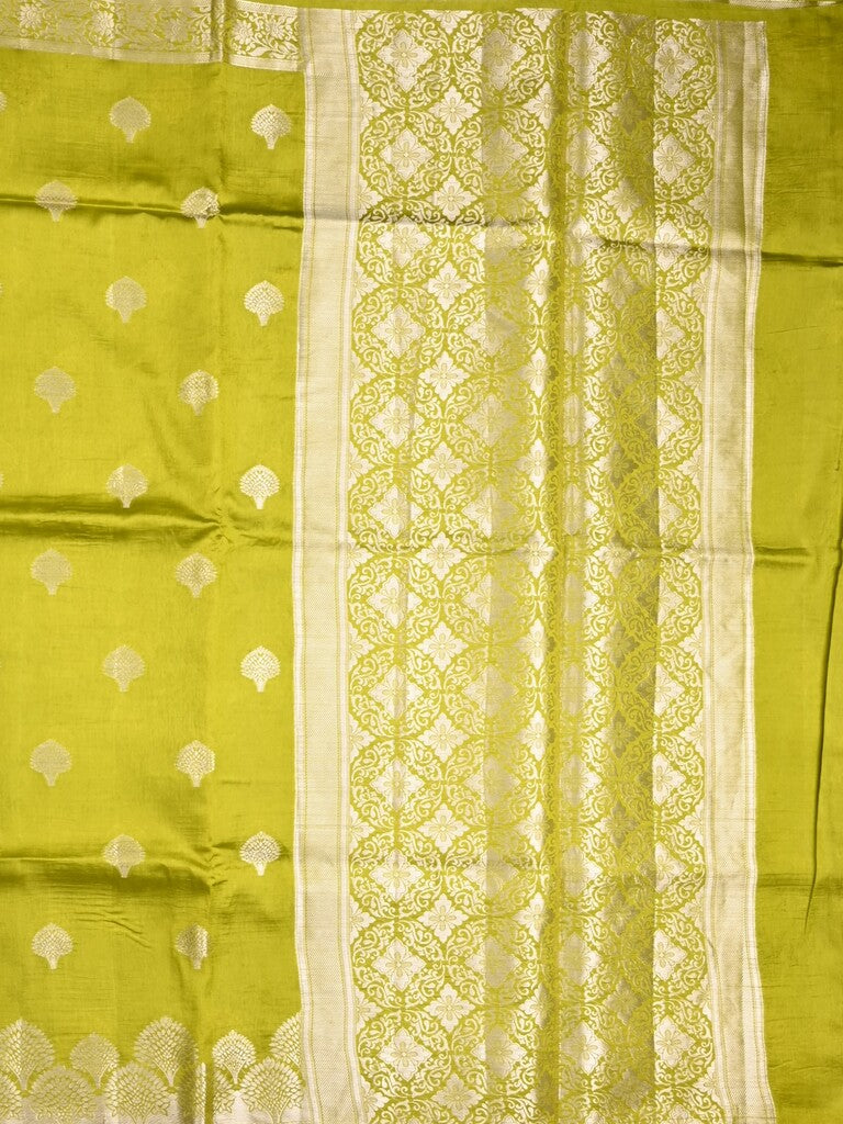 Dupion fancy saree parrot green color allover zari butis & zari border with zari pallu and contrast blouse
