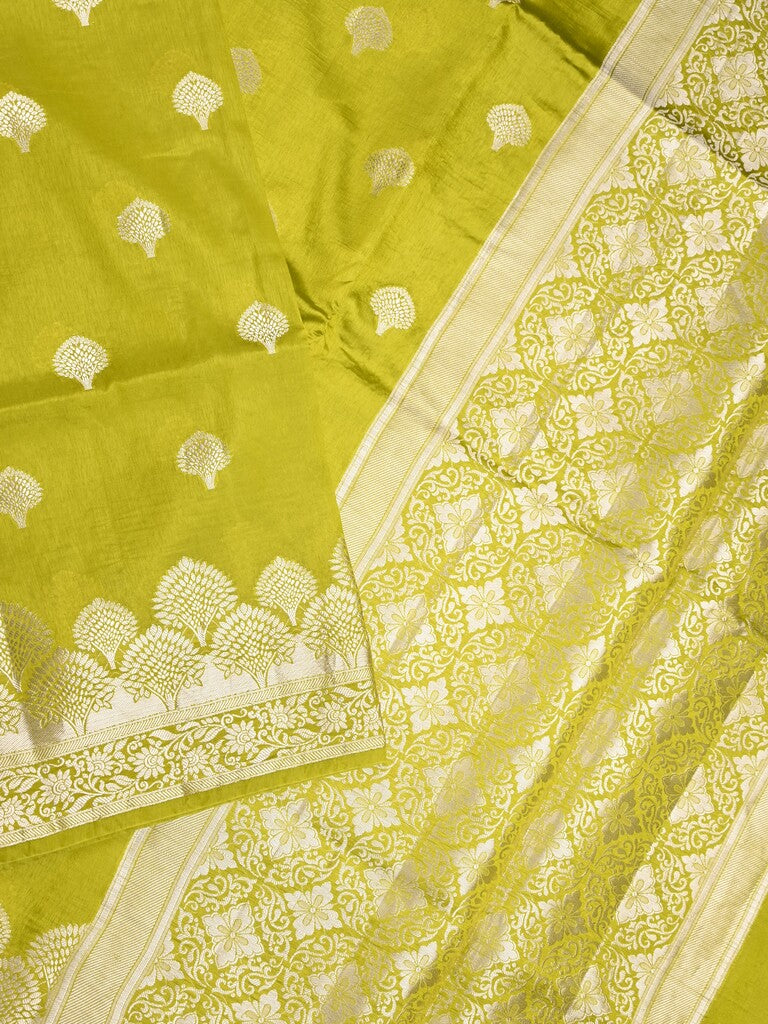 Dupion fancy saree parrot green color allover zari butis & zari border with zari pallu and contrast blouse
